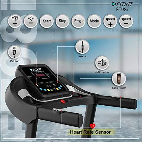 Fitkit Series 1.5HP 2HP Peak DC-Motorised Treadmill FT98i, Max Speed - 10km/hr, Max Weight - 90 Kg with Home Installation and Diet and Fitness Plan (Black)